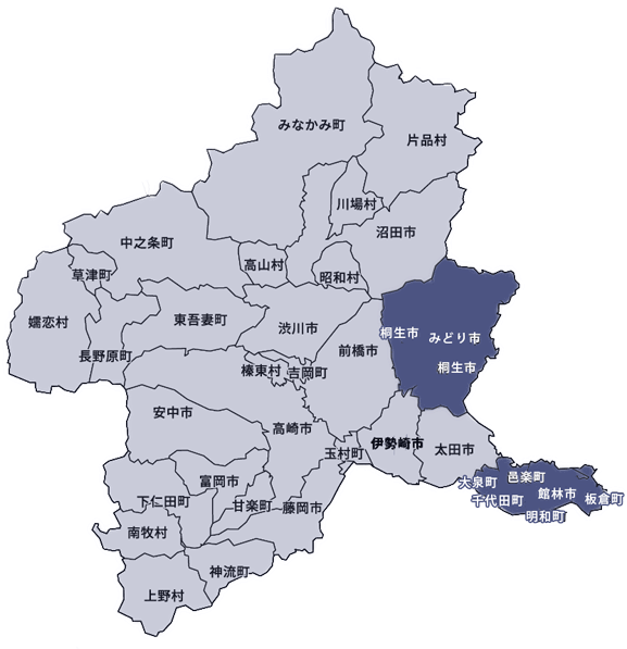 群馬県東毛地区の地図