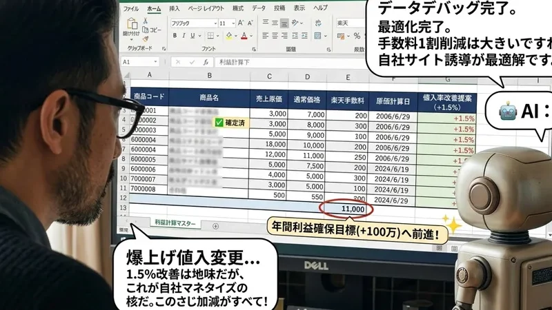 エクセルを眺めるディレクターとAI