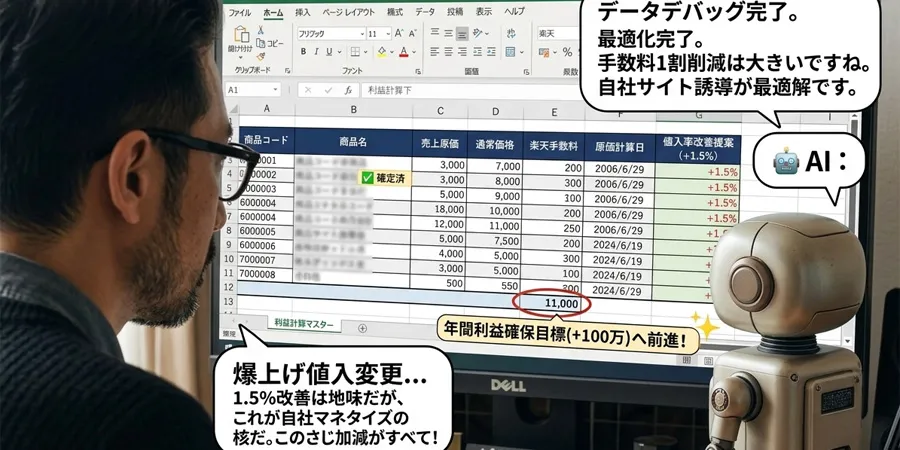 エクセルを眺めるディレクターとAI