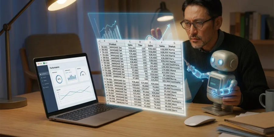 改善前の月次レポート：数字だけが埋め尽くす表。どこに問題があるか一瞬では分からない。