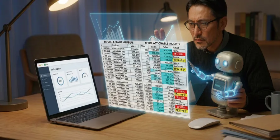 条件付き書式適用後のレポート：「売り切れ」が赤、「残りわずか」が黄で自動色分けされ、問題のある商品が一瞬で浮き彫りになる。