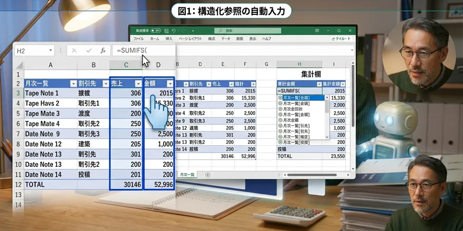 SUMIFSの数式を入力している途中で、テーブルの列をクリックすると『月次一覧[金額]』と自動入力される様子。