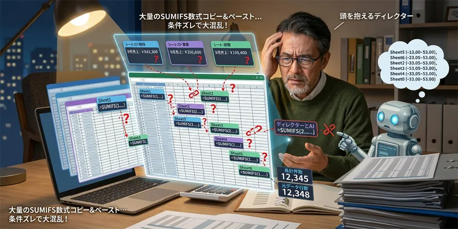 240個ものSUMIFS数式をコピー＆ペーストして、条件のズレに頭を抱えているビジネスパーソン（ディレクター）の様子