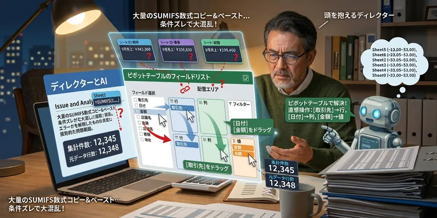 ピボットテーブルのフィールドリスト。行に取引先、列に日付、値に金額を配置している様子。