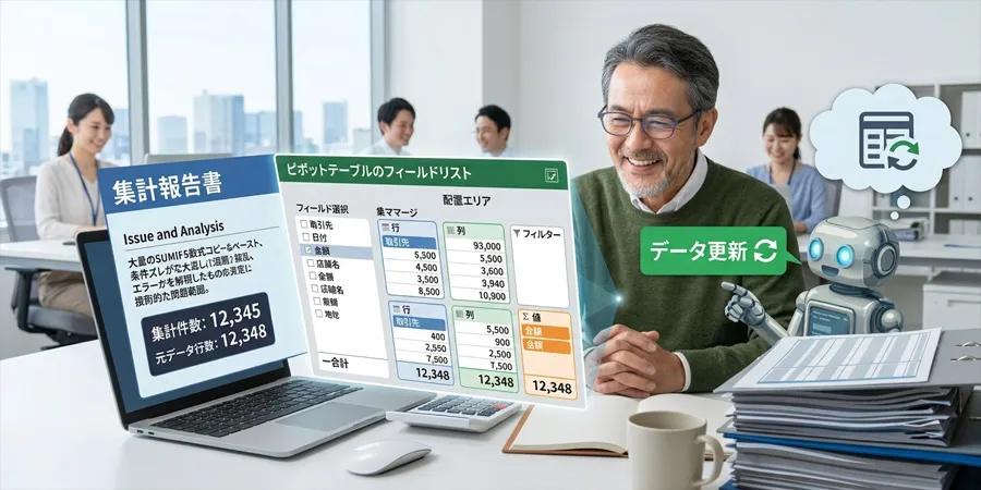 数式なしで綺麗にまとまった集計表と「更新」ボタンを見て、晴れやかな笑顔を見せるディレクターとAIのコンビ。